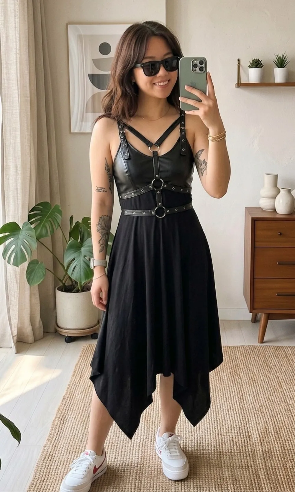 A black harness dress rendered onto a saved photo. AI-generated image.