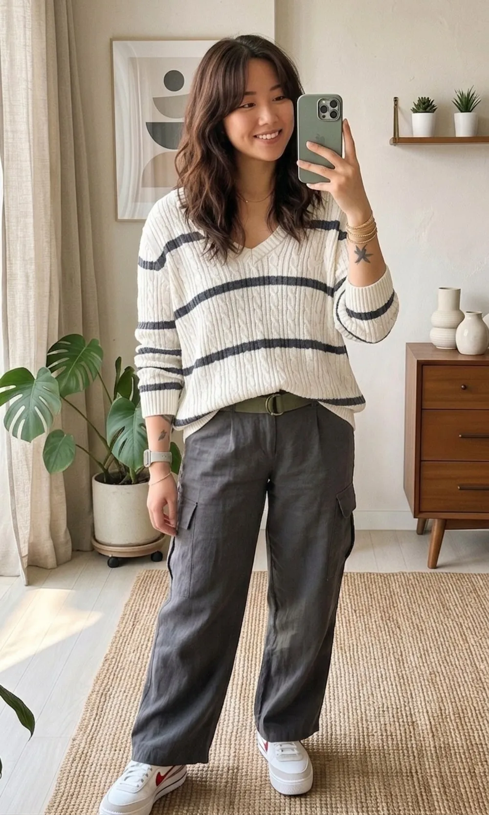 A striped knit and grey cargo trousers rendered together onto a saved photo. AI-generated image.