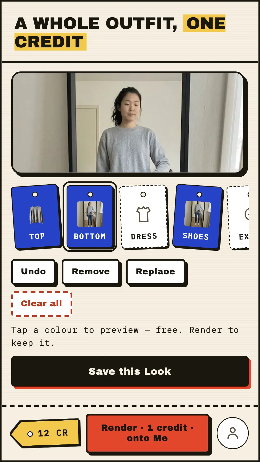 Tryft showing a Look with several garments added, rendered together as one image.